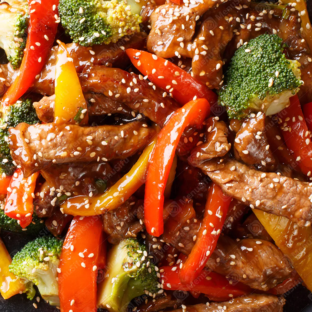 Tender beef with sesame seeds and mixed peppers at Renbox Asian Kitchen, a Chinese Restaurant in Katy