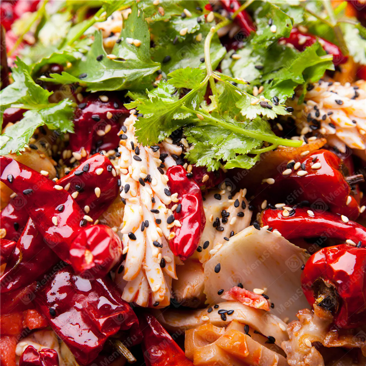 Tender chicken in spicy Sichuan sauce with cilantro at Renbox Asian Kitchen, a Chinese Restaurant in Katy