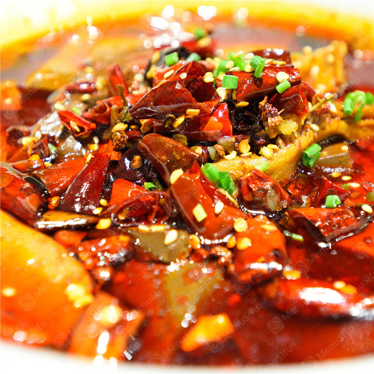 Spicy Sichuan-style fish in chili oil with green onions at Renbox Asian Kitchen, a Chinese Restaurant in Katy